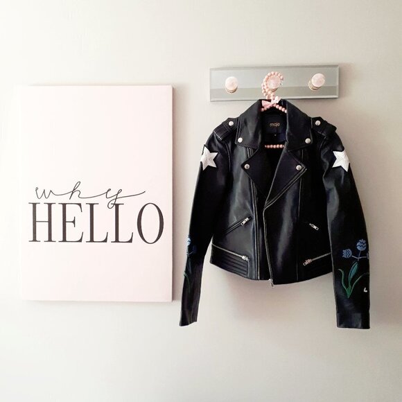 NWT Maje black leather patch embroidered “Dream Tomorrow” moto biker jacket, S - Picture 8 of 15